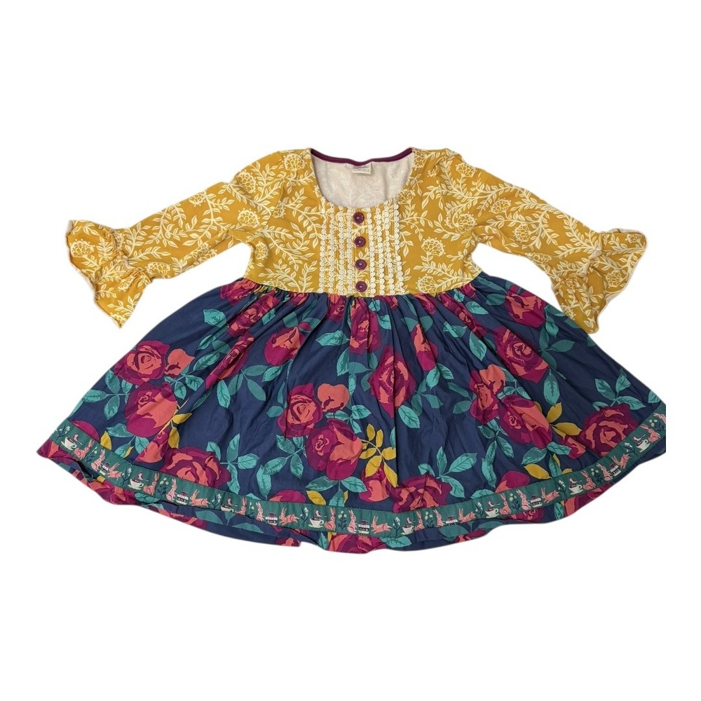 Boho Wildflowers Dress Size 10 Mustard Yellow Floral Long Sleeve Lace Trim Mixed